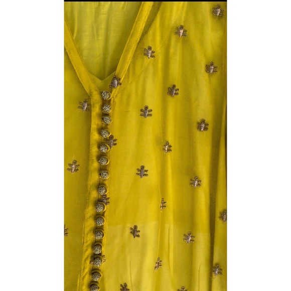 Origins Size M A-Line Front Open Shirt with Trouser - Lime Yellow - Net Silk - Picture 3 of 5